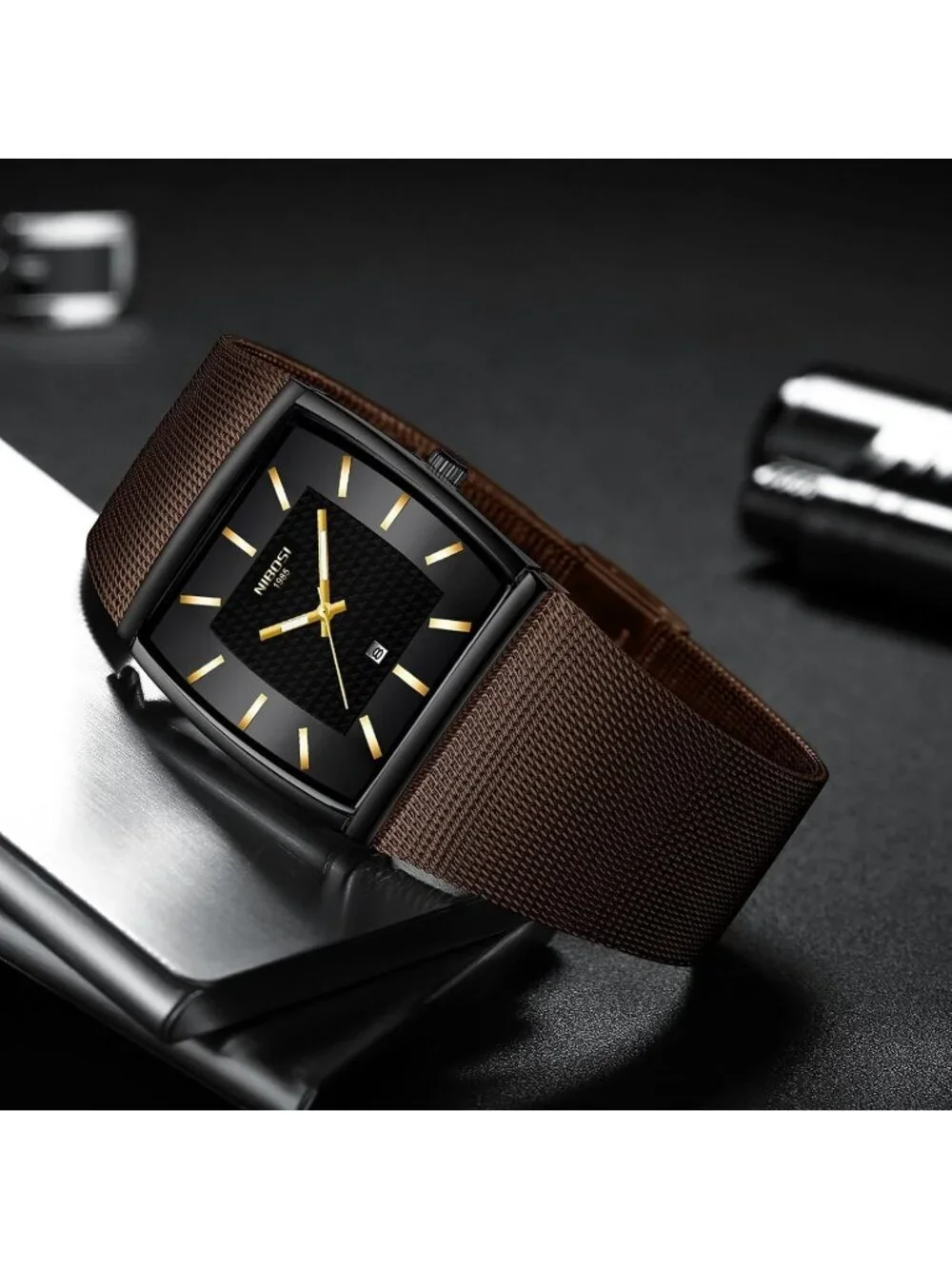 Nibosi Men's Brown Black Square Analog Quartz Stainless Mesh Waterproof Watch